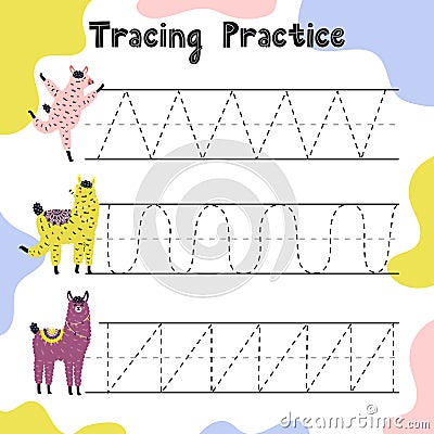 Trace line activity page for kids. Handwriting practice worksheet with funny llamas Vector Illustration