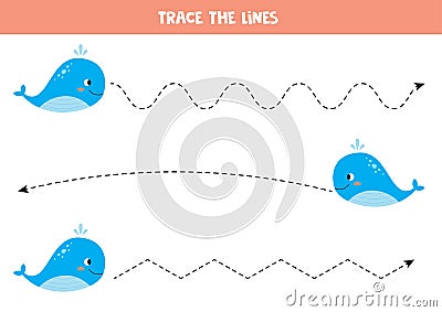 Trace line with blue whale. Handwriting practice for kid Vector Illustration
