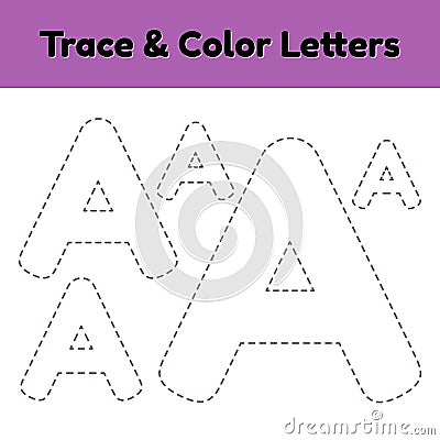 Trace line letter for kindergarten and preshool kids. Write and color. Vector Illustration