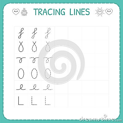 Trace line worksheet for kids. Preschool or kindergarten worksheet. Trace the pattern. Basic writing. Working pages for children Vector Illustration