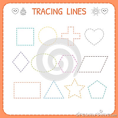 Trace line worksheet for kids. Working pages for children. Preschool or kindergarten worksheet. Trace the shapes Vector Illustration