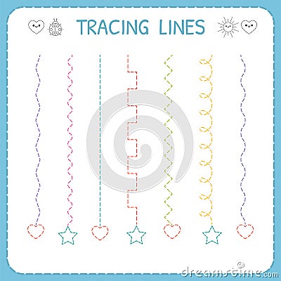 Trace line worksheet for kids. Working pages for children. Preschool or kindergarten worksheet. Basic writing Vector Illustration