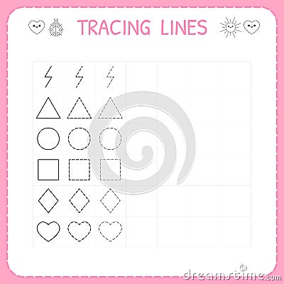 Trace line worksheet for kids. Working pages for children. Preschool or kindergarten worksheet. Basic writing. Trace the pattern Vector Illustration