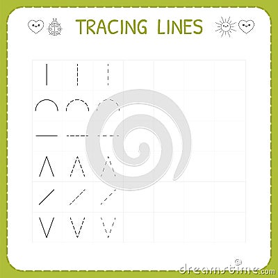 Trace line worksheet for kids. Working pages for children. Preschool or kindergarten worksheet. Trace the pattern. Basic writing Vector Illustration