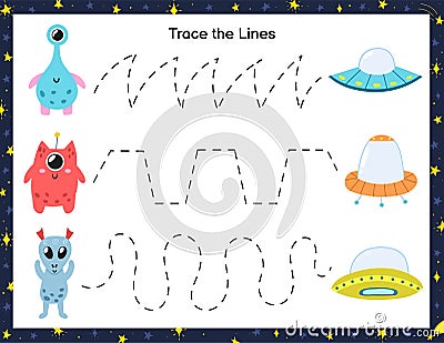 Trace lines from cute aliens to the flying saucers. Activity page for kids Vector Illustration