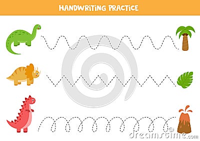 Trace the lines between cute dinosaurs and palm, leaf and volcano. Vector Illustration