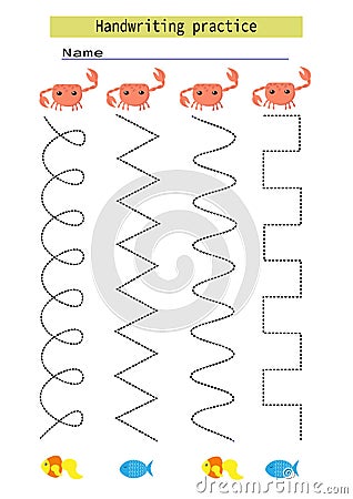 Trace lines for kids sea crab fish development handwriting practice for kids vector Stock Photo