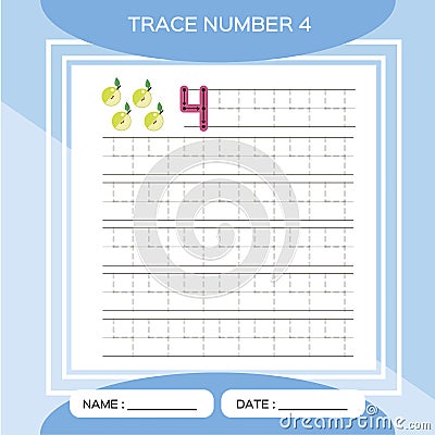 Trace number 4 Four. Children educational game. Kids learning material. Activity For Early Years. Preschool worksheet Vector Illustration