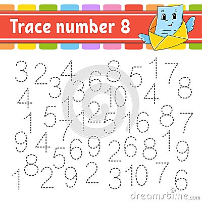 Trace number. Handwriting practice. Learning numbers for kids. Education developing worksheet. Activity page. Game for toddlers Vector Illustration