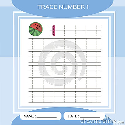 Trace number 1. One . Children educational game. Kids learning material. Activity For Early Years. Preschool worksheet Vector Illustration