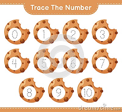 Trace the number. Tracing number with Cookies. Educational children game Vector Illustration