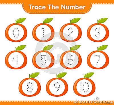 Trace the number. Tracing number with Tangerin. Educational children game, printable worksheet, vector illustration Vector Illustration