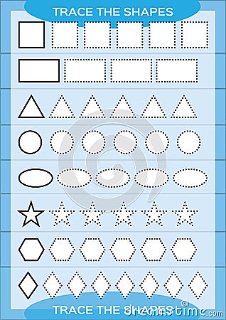 Trace the shapes. Kids education. Preschool worksheet. Basic writing. Kids doing worksheets. Fine motor skills. White Vector Illustration