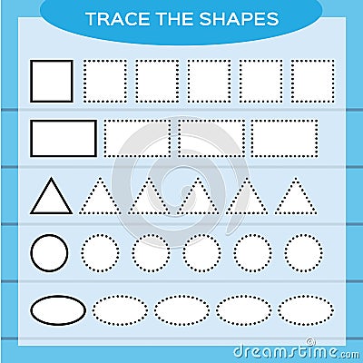 Trace the shapes. Kids education. Preschool worksheet. Basic writing. Kids doing worksheets. Fine motor skills. White Vector Illustration