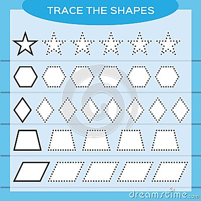 Trace the shapes. Kids education. Preschool worksheet. Basic writing. Kids doing worksheets. Fine motor skills. White Vector Illustration