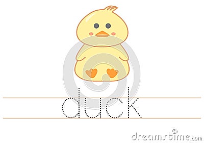 Trace word duck. English worksheet for kids. Cartoon colorful duck. Vector Illustration