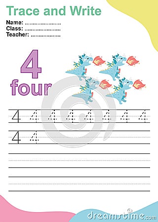 Number four tracing practice worksheet with four baby dragons eating spicy chili Vector Illustration