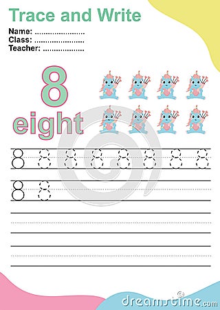 Number eight tracing practice worksheet with eight unicorns as a cupid bring the love arrow Vector Illustration