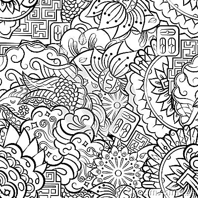 Tracery seamless pattern. Mehndi design. Binary monochrome black and white. Ethnic doodle texture. Curved doodling background. Vector Illustration