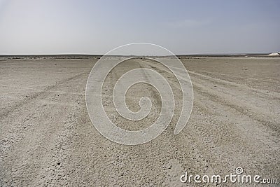 Traces from car racing on a dry lake and salt marsh in the Kazakh steppe Stock Photo