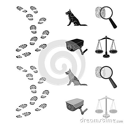 Traces on the ground, service shepherd, security camera, fingerprint. Prison set collection icons in black,monochrom Vector Illustration