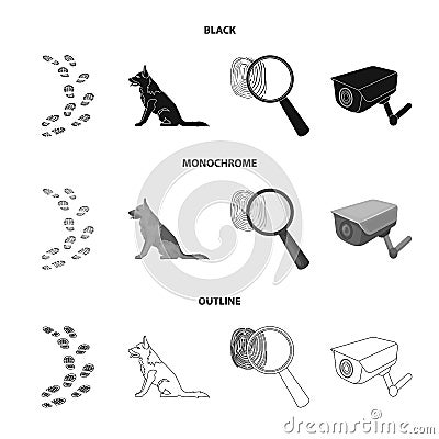 Traces on the ground, service shepherd, security camera, fingerprint. Prison set collection icons in black,monochrome Vector Illustration