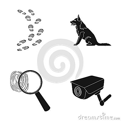 Traces on the ground, service shepherd, security camera, fingerprint. Prison set collection icons in black style vector Vector Illustration