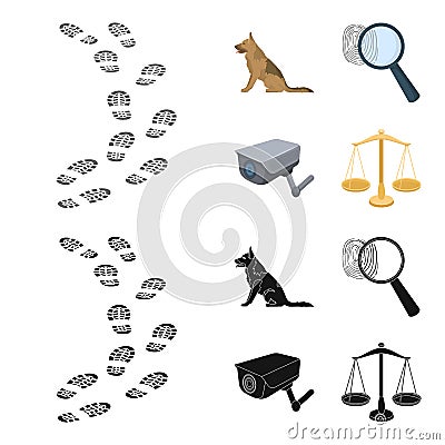 Traces on the ground, service shepherd, security camera, fingerprint. Prison set collection icons in cartoon,black style Vector Illustration
