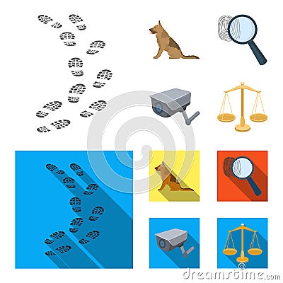 Traces on the ground, service shepherd, security camera, fingerprint. Prison set collection icons in cartoon,flat style Vector Illustration
