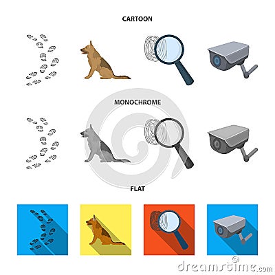 Traces on the ground, service shepherd, security camera, fingerprint. Prison set collection icons in cartoon,flat Vector Illustration