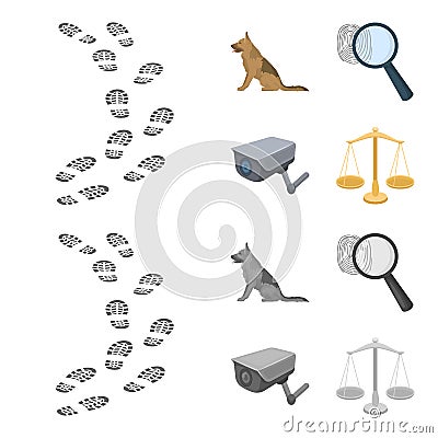 Traces on the ground, service shepherd, security camera, fingerprint. Prison set collection icons in cartoon,monochrome Vector Illustration