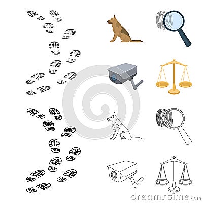 Traces on the ground, service shepherd, security camera, fingerprint. Prison set collection icons in cartoon,outline Vector Illustration