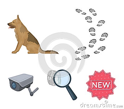 Traces on the ground, service shepherd, security camera, fingerprint. Prison set collection icons in cartoon style Vector Illustration