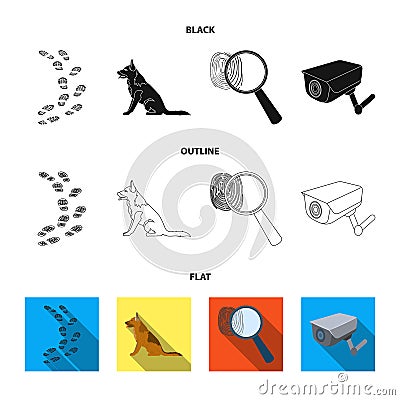 Traces on the ground, service shepherd, security camera, fingerprint. Prison set collection icons in cartoon style Vector Illustration