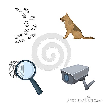 Traces on the ground, service shepherd, security camera, fingerprint. Prison set collection icons in cartoon style Vector Illustration