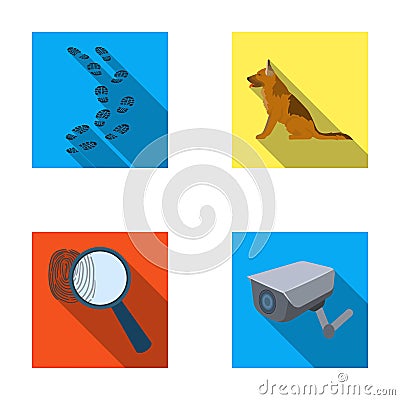 Traces on the ground, service shepherd, security camera, fingerprint. Prison set collection icons in flat style vector Vector Illustration