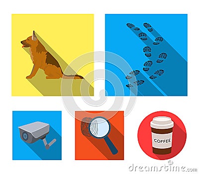 Traces on the ground, service shepherd, security camera, fingerprint. Prison set collection icons in flat style vector Vector Illustration