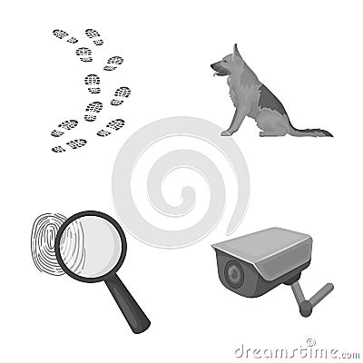 Traces on the ground, service shepherd, security camera, fingerprint. Prison set collection icons in monochrome style Vector Illustration