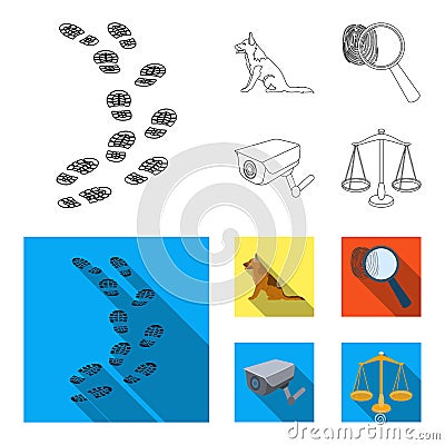 Traces on the ground, service shepherd, security camera, fingerprint. Prison set collection icons in outline,flat style Vector Illustration