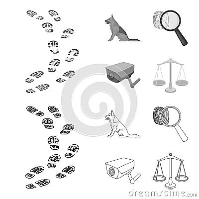 Traces on the ground, service shepherd, security camera, fingerprint. Prison set collection icons in outline,monochrome Vector Illustration