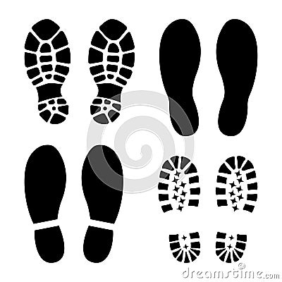 Traces of human shoes sole silhouette black. Icon or sign for printing. Flat style. Isolated on a white background. Vector Cartoon Illustration