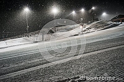 Traces of ratrak on prepared track on winter resort Stock Photo