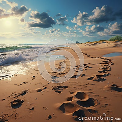 Traces in sand, oceans edge reveals footprints, whispered stories of seaside wanderers Stock Photo