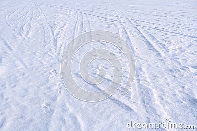 Traces of sledge runners and ski on white freshly fallen snow. Stock Photo