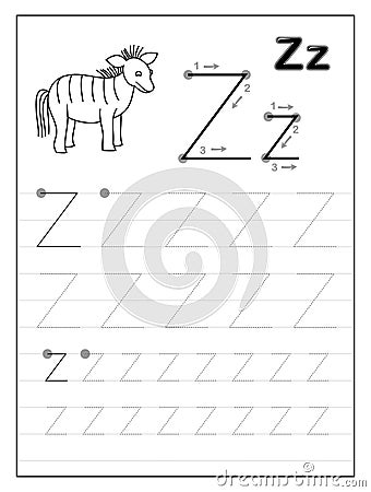 Tracing alphabet letter Z. Black and white educational pages on line for kids. Printable worksheet for children textbook. Vector Illustration