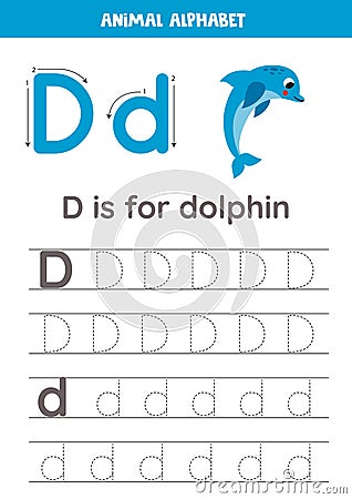 Tracing alphabet letters for kids. Animal alphabet. d is for dolphin. Vector Illustration