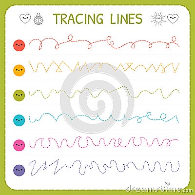 Tracing lines. Basic writing. Worksheet for kids. Working pages for children. Trace the pattern. Preschool or kindergarten workshe Vector Illustration