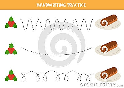 Tracing lines for kids. Cartoon yule log. Handwriting practice Vector Illustration
