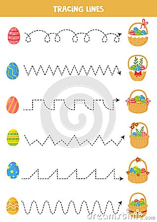 Tracing lines for kids. Easter eggs and Easter baskets Vector Illustration