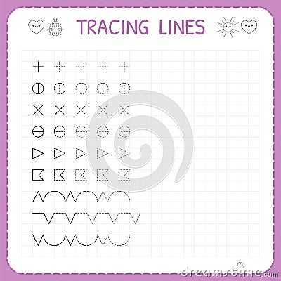 Tracing lines. Working pages for children. Preschool or kindergarten worksheets. Worksheet for kids. Basic writing. Trace the patt Vector Illustration